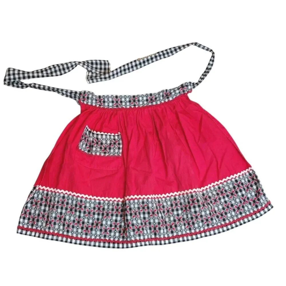 Handmade Half Apron Vt 50/60's Cotton Red White Black Embroidered Fabric